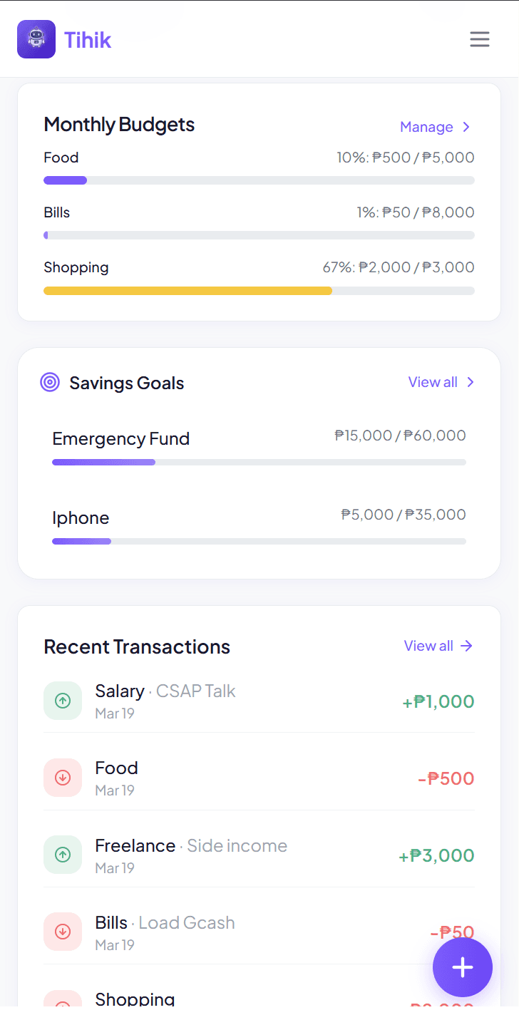 Tihik mobile app dashboard